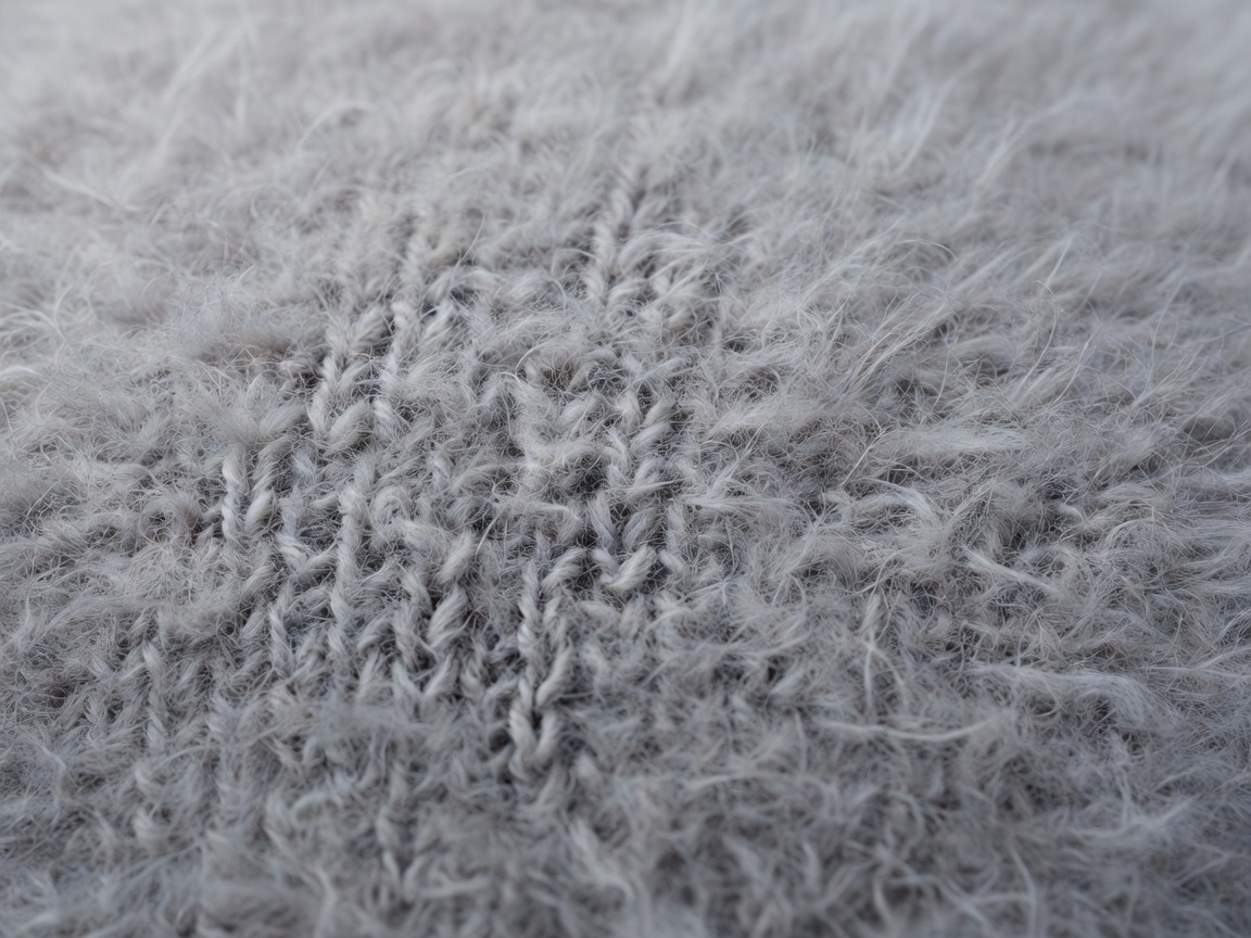 Close-up photograph of a fuzzy brushed mohair and alpaca knit in soft grey