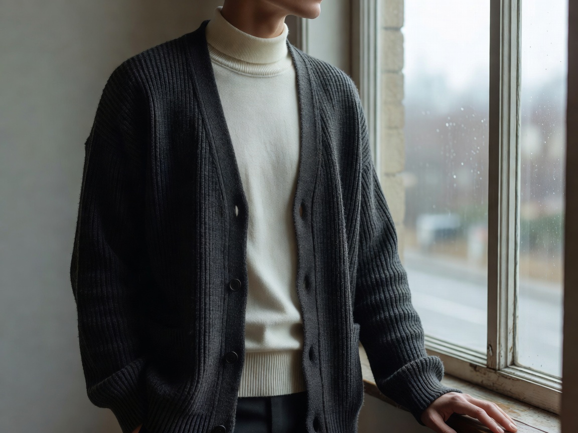 Photograph of a person in a ribbed charcoal cardigan over a thin cream roll neck, standing by a window