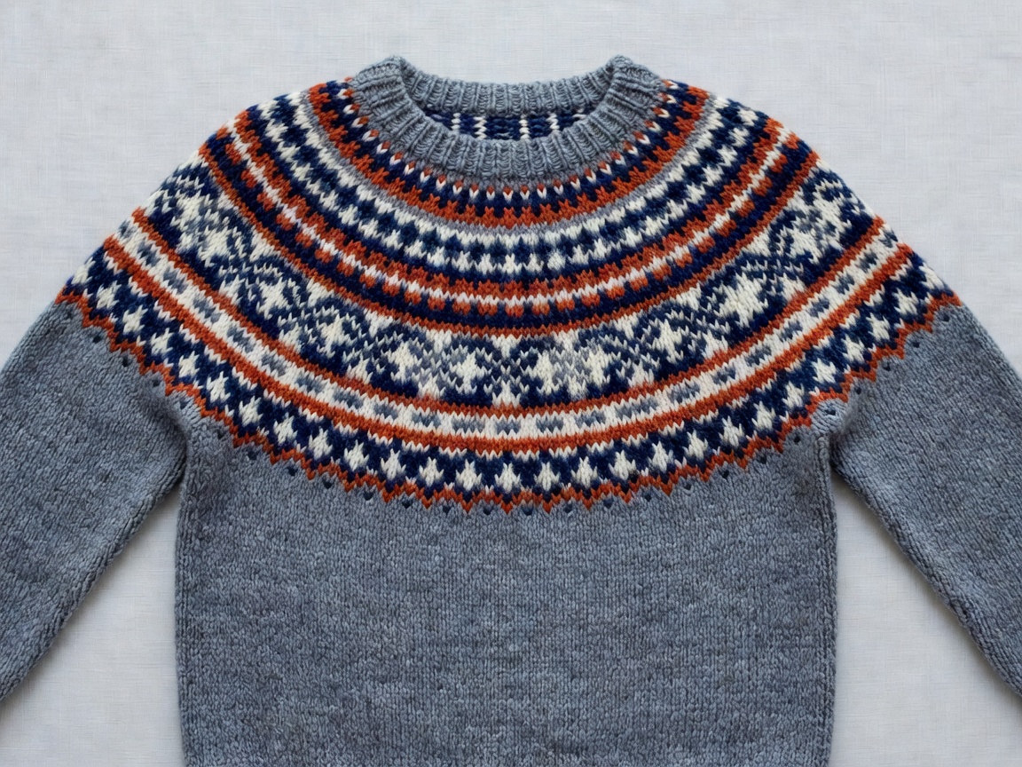 Photograph of a hand-knitted Fair Isle yoke sweater with stranded colour bands laid flat