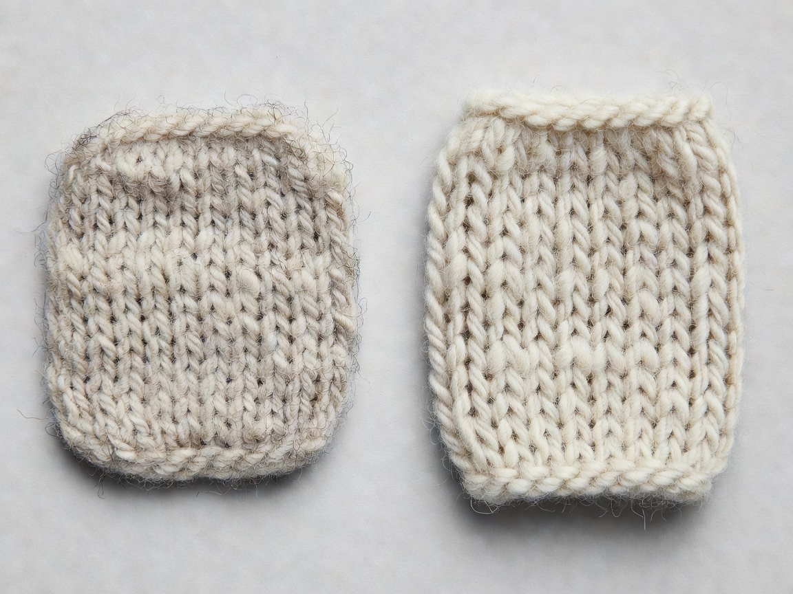 Photograph comparing a shrunken felted wool swatch with an unwashed swatch of the same knit