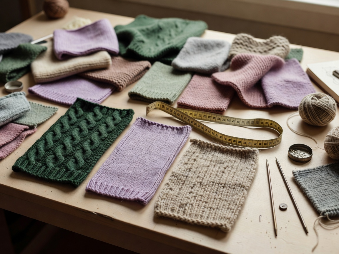 Photograph of knitwear samples, measuring tape and wool swatches spread across a workshop table