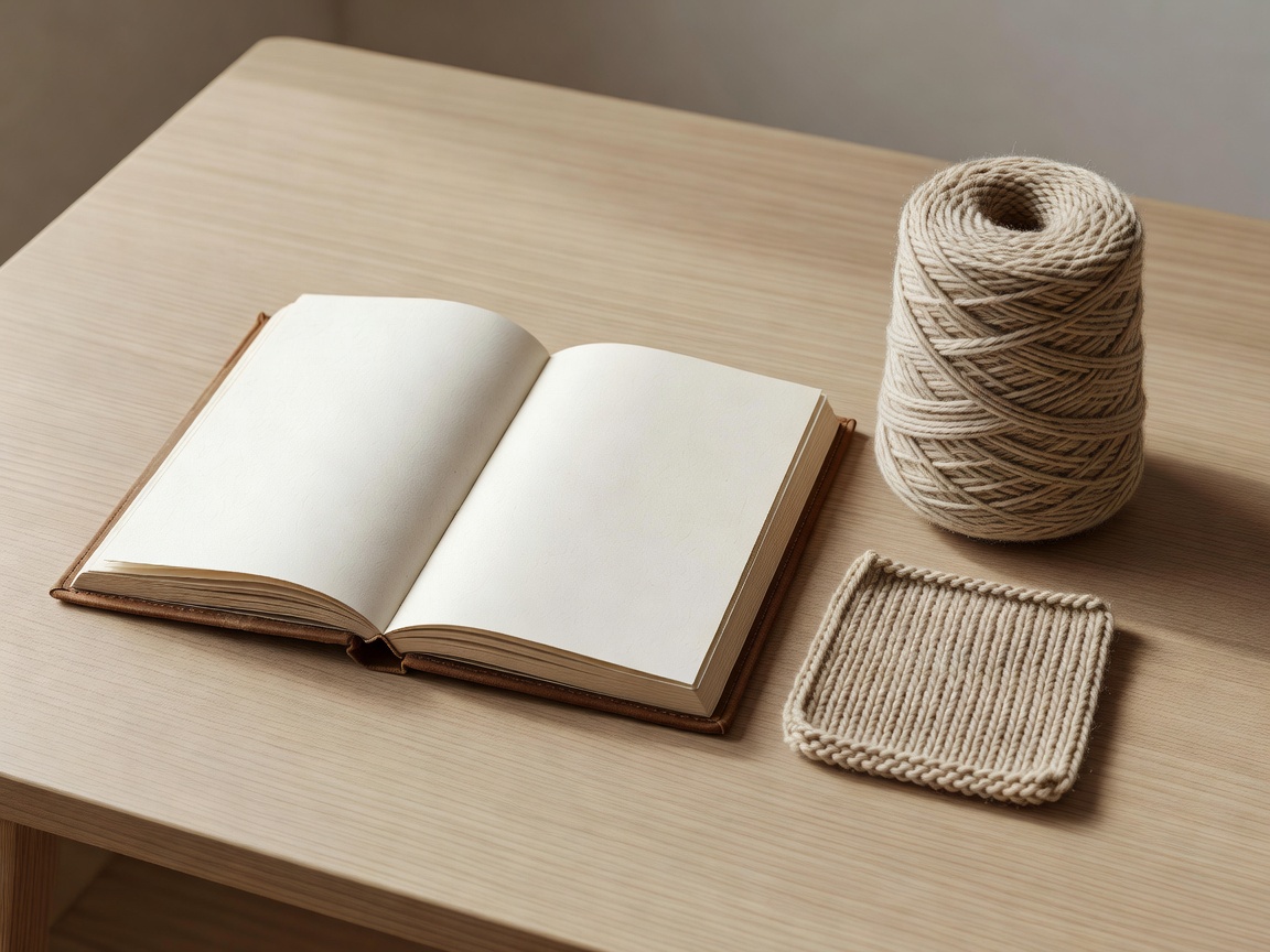 3D render of an open notebook beside a yarn cone and knitted swatch on a plain desk