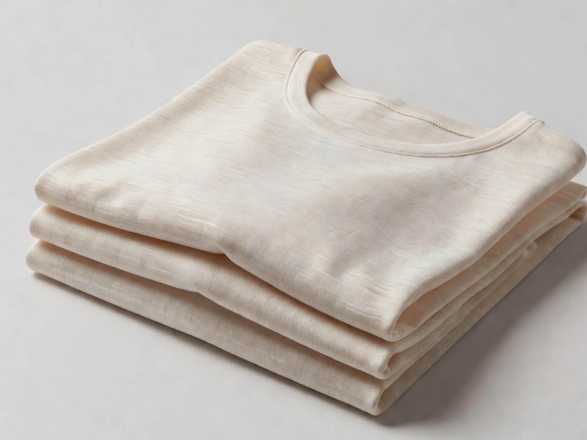 3D render of a folded lightweight cotton and linen knit top in pale sand colour