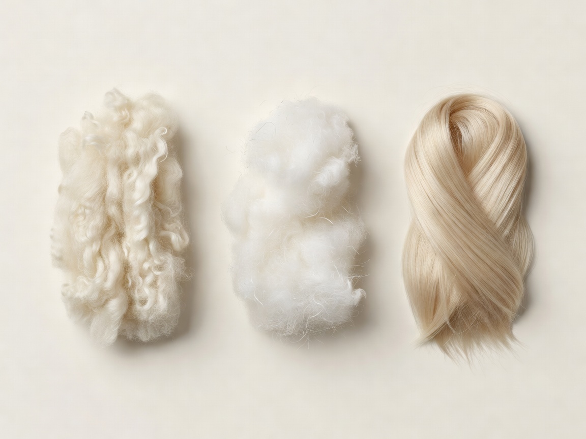 3D render of three raw fibre tufts, wool, cotton and alpaca, arranged on a plain cream background