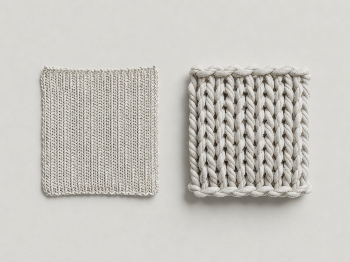3D render comparing a fine 12-gauge swatch and a chunky 3-gauge swatch on a plain background