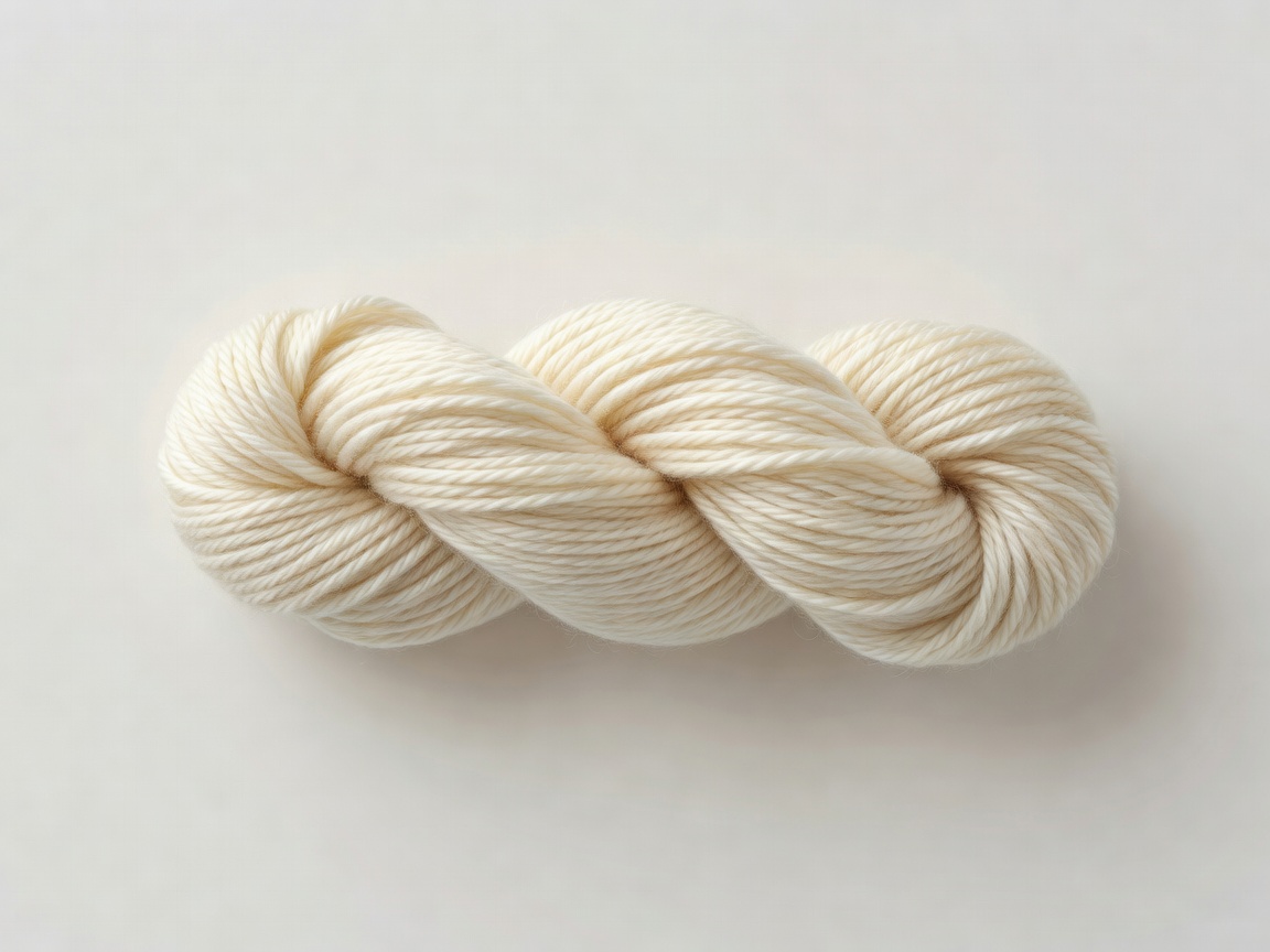 Soft-lit 3D render of a twisted cream merino yarn skein on a plain background