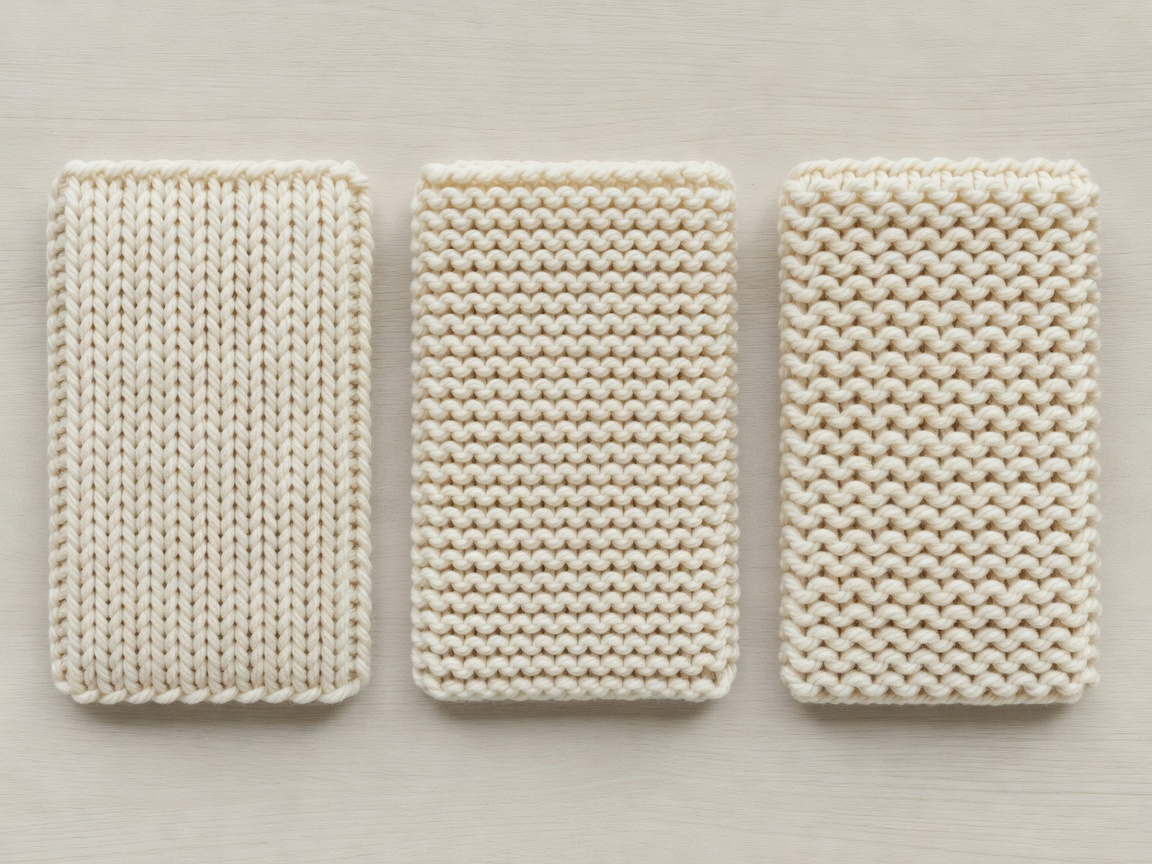 3D render of rib, garter and moss stitch swatches in cream wool, softly lit