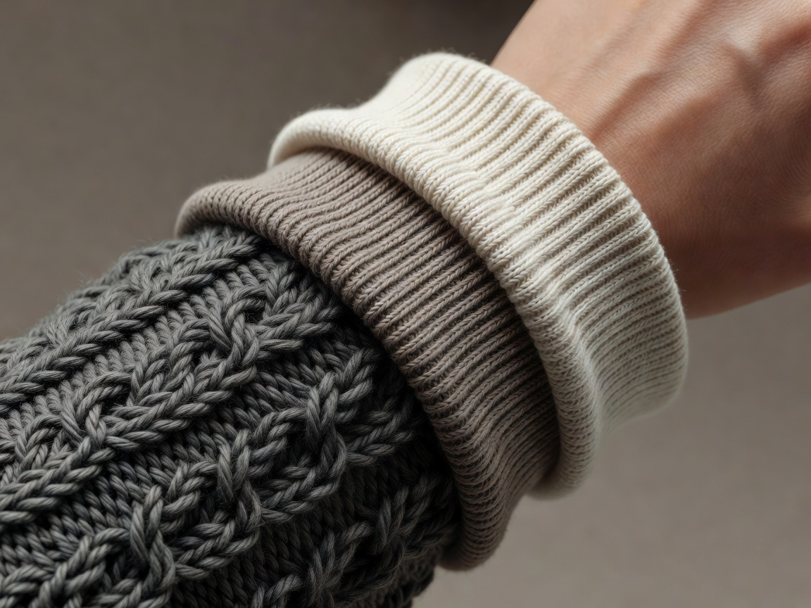 3D render close-up of three knit sleeve cuffs layered neatly at a wrist