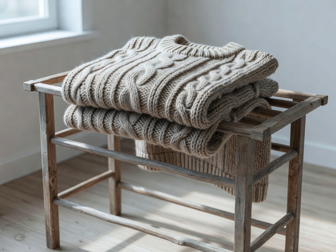 3D render of a folded wool sweater resting on a wooden drying rack in soft daylight
