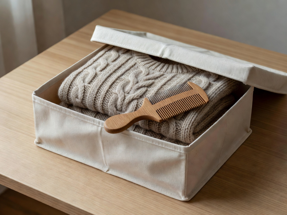 3D render of a wooden sweater comb beside a folded knit in an open cotton storage box