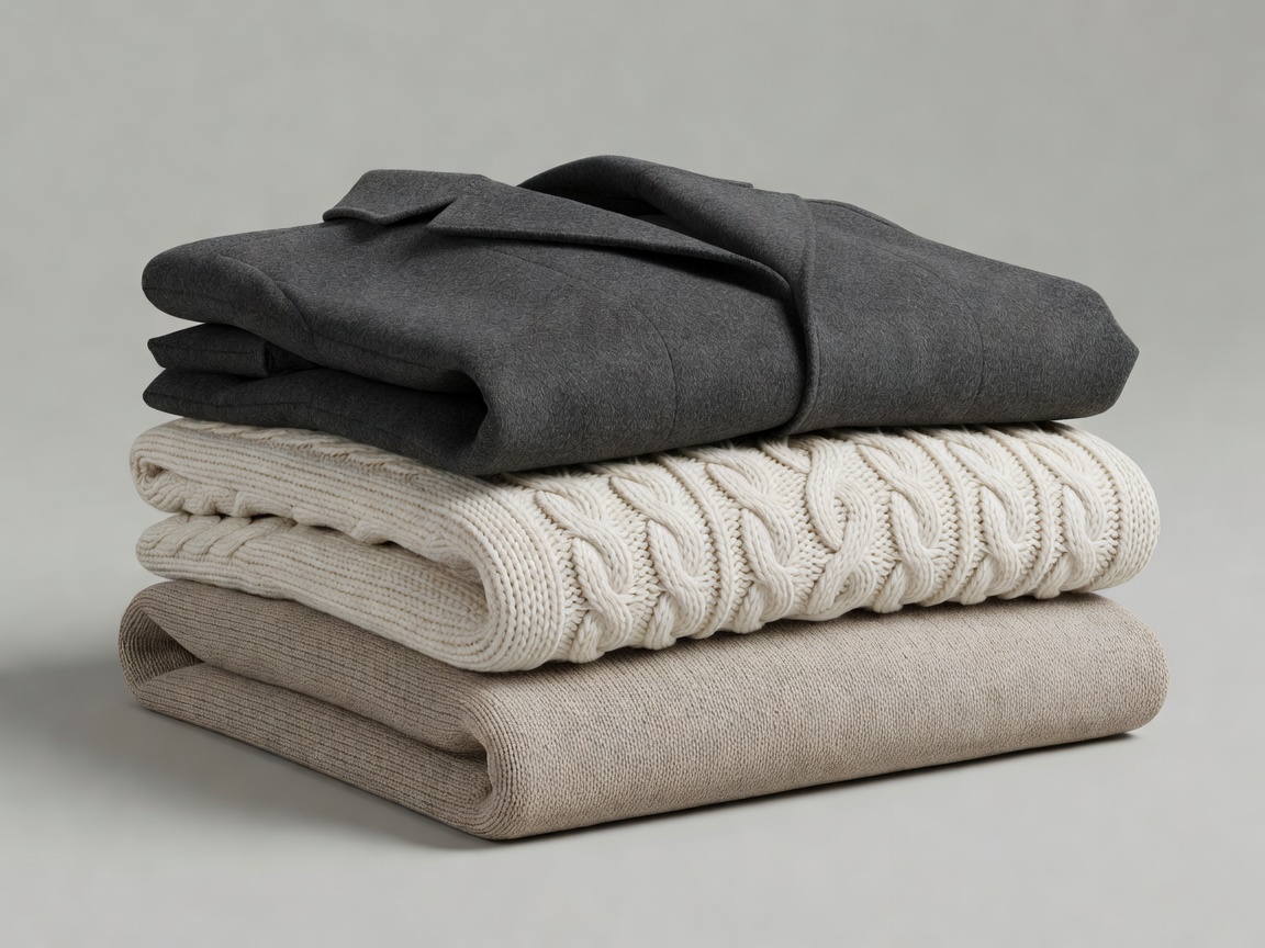 3D render of a fine base knit, a cable sweater and a wool coat stacked in three offset layers